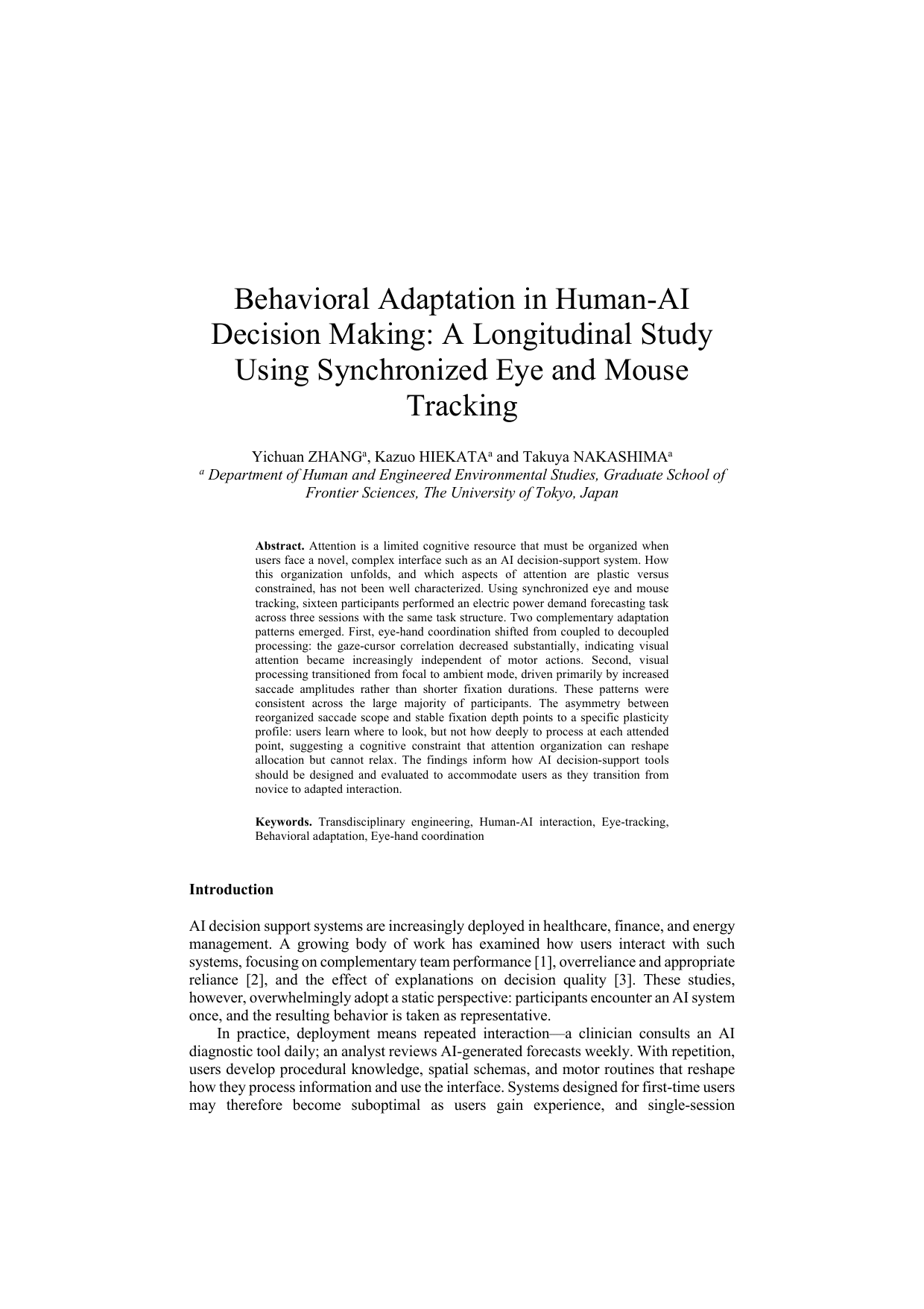First page of Behavioral Adaptation in Human-AI Decision Making (TE2026, accepted)