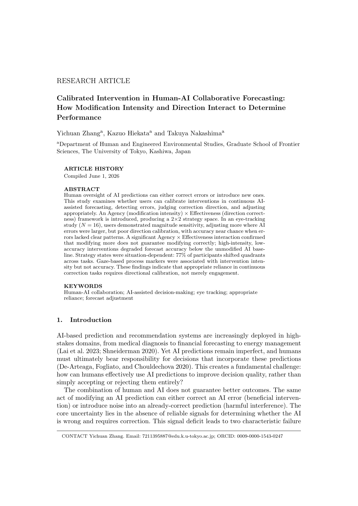 First page of Calibrated Intervention in Human-AI Collaborative Forecasting (IJHCI, 2026)